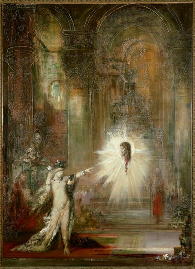 Wygląd. Salome po tańcu w sali święta Heroda prosi głowę św. Jana Chrzciciela. Wskazuje palcem na głowę proroka, a za nią stoi Herodiada. Obraz Gustave
