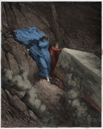 Inferno, Canto 11 : Płonący grób papieża Anastazego II (Anastazego II), ilustracja z Boskiej Komedii Dantego Alighieri, 1885 (cyfrowe kolorowanie ryciny) autorstwa Gustave after Dore