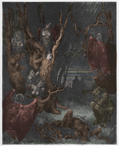 Inferno, Canto 13 : Harpie w lesie samobójców, ilustracja z Boskiej Komedii Dantego Alighieri, 1885 (rycina kolorowana cyfrowo) autorstwa Gustave after Dore