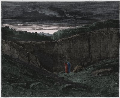 Piekło, Pieśń 3 : Wergiliusz i Dante u bram piekieł, ilustracja z Boskiej komedii Dantego Alighieri, 1885 (rycina cyfrowo kolorowa) autorstwa Gustave after Dore