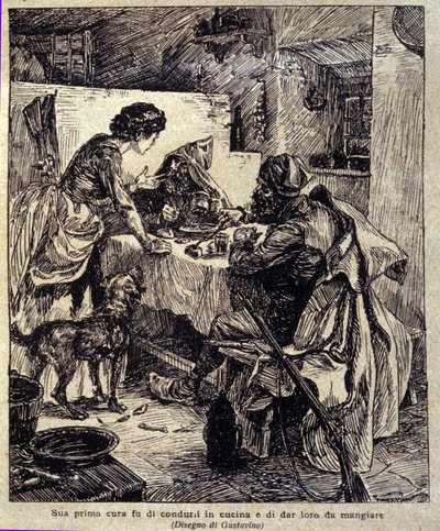 Jego pierwszym zmartwieniem było zawiezienie ich do kuchni i nakarmienie... Ilustracja nowej „Colomby” napisana przez Prospera Merimee. Grawerowanie Gustavino (Gustavo Rosso) (1881-1950), ok. 1915 autorstwa Gustavo Gustavino Rosso