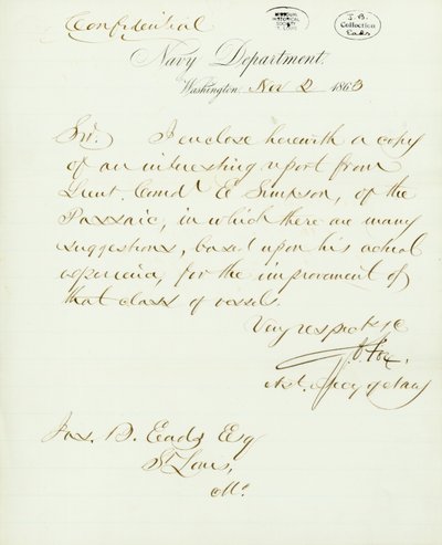 List podpisany G.V. Fox, Departament Marynarki Wojennej w Waszyngtonie, do Jas. B. Eads [James B. Eads], St. Louis, Mo., 2 listopada 1863 autorstwa Gustavus Vasa Fox