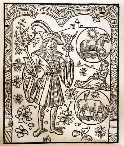 Kalendarz pasterza - Praca miesiąca - Kwiecień - Drzeworyt z książki z 1496 r. wydrukowanej przez Guya Marchanta (Guido Mercator) w Troyes - Drzeworyt w "Le grand Calendrier et compost des shepherds" - autorstwa Guy Marchant