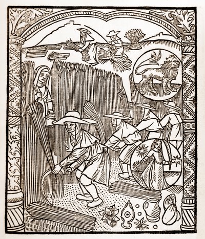 Kalendarz pasterza - Praca miesiąca - Sierpień - Drzeworyt z książki z 1496 r. wydrukowanej przez Guya Marchanta (Guido Mercator) w Troyes - Drzeworyt w "Le grand Calendrier et compost des shepherds" - autorstwa Guy Marchant