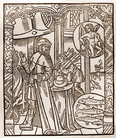 Kalendarz pasterza - Praca miesiąca - Luty - Drzeworyt z książki z 1496 r. wydrukowanej przez Guya Marchanta (Guido Mercator) w Troyes - Drzeworyt w ""Le grand Calendrier et compost des shepherds" - autorstwa Guy Marchant
