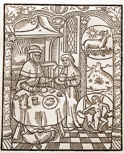 Kalendarz pasterza - Praca miesięcy - Styczeń - Drzeworyt z książki z 1496 r. wydrukowanej przez Guya Marchanta (Guido Mercator) w Troyes - Drzeworyt w "Le grand Calendrier et compost des shepherds" - autorstwa Guy Marchant