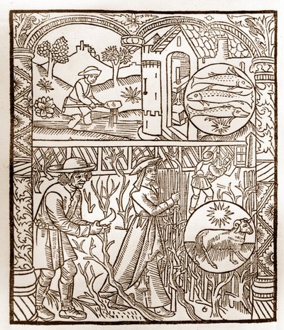 Kalendarz pasterza - Praca miesiąca - Marzec - Drzeworyt z książki z 1496 r. wydrukowanej przez Guya Marchanta (Guido Mercator) w Troyes - Drzeworyt w "Le grand Calendrier et compost des shepherds" - autorstwa Guy Marchant