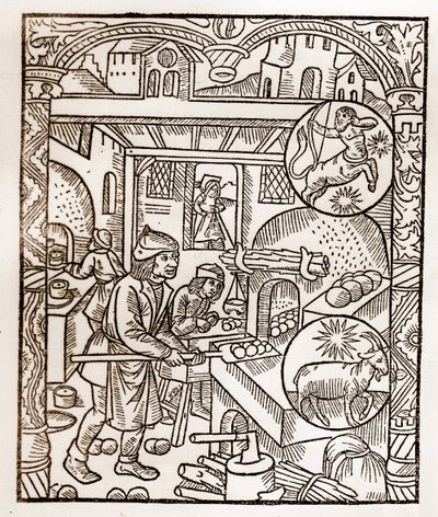 Kalendarz pasterza - Praca miesiąca - Listopad - Drzeworyt z książki z 1496 r. wydrukowanej przez Guya Marchanta (Guido Mercator) w Troyes - Drzeworyt w ""Le grand Calendrier et compost des shepherds"" - Piec chlebowy - autorstwa Guy Marchant