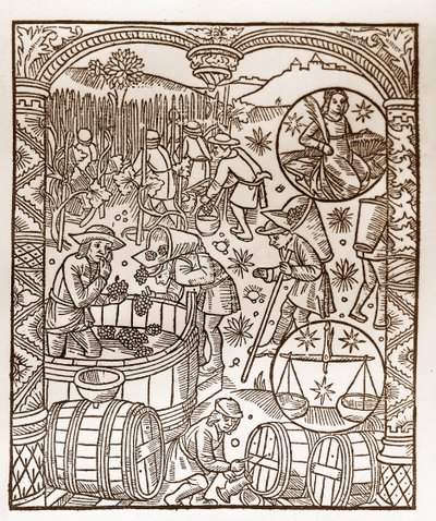 Kalendarz pasterski - Praca miesiąca - Październik - Drzeworyt z książki z 1496 r. wydrukowanej przez Guya Marchanta (Guido Mercator) w Troyes - Drzeworyt w ""Le grand Calendrier et compost des shepherds"" - Żniwa - i oznaki zodiak: autorstwa Guy Marchant