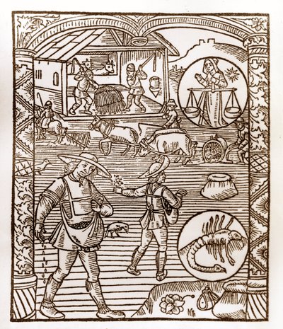 Kalendarz pasterza - Praca miesiąca - Wrzesień - Drzeworyt z książki z 1496 r. wydrukowanej przez Guya Marchanta (Guido Mercator) w Troyes - Au premier plan, des peassans sement a la volee - Drzeworyt w „Le grand Calendrier et compost des shepherds” - autorstwa Guy Marchant