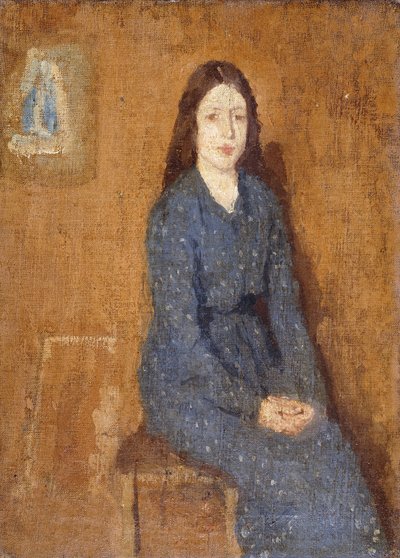 Siedząca dziewczyna w cętkowanej niebieskiej sukience, 1914-15 autorstwa Gwen John