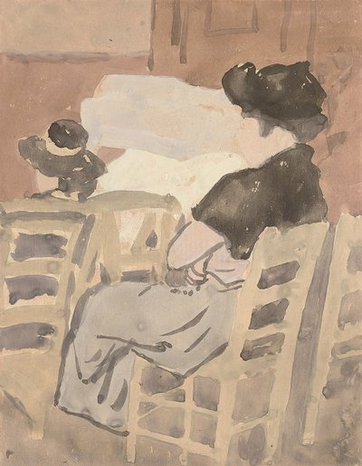 Kobieta i młoda dziewczyna we wnętrzu kościoła (akwarela na papierze) autorstwa Gwen John