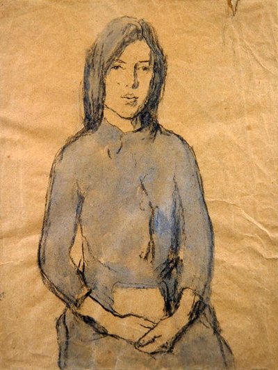 Dziewczyna, ręce spoczywające na kolanach (ołówek i akwarela na papierze) autorstwa Gwen John