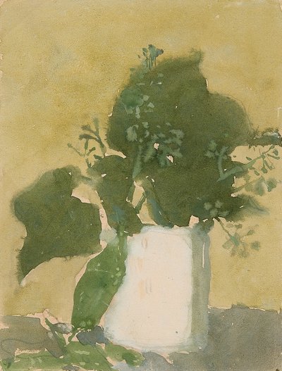 Zielone liście w białym dzbanku (akwarela, gwasz i ołówek na papierze) autorstwa Gwen John