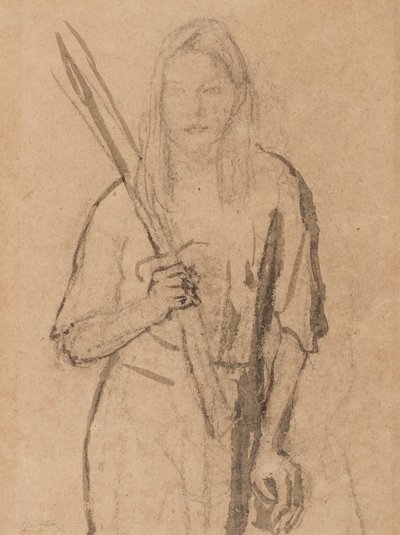 Stojąca Dziewczyna z drewnianym słupkiem w dłoni (ołówek i pranie na papierze) autorstwa Gwen John