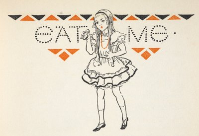 Ilustracja przedstawiająca Alicję z małym ciastkiem z napisem "Zjedz mnie". autorstwa Gwynedd M. Hudson