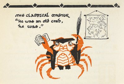 Ilustracja przedstawiająca kraba przebranego za nauczyciela z książką i batem autorstwa Gwynedd M. Hudson