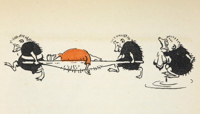 Ilustracja przedstawiająca dwa jeże niosące rannego gracza w krokieta, za którymi podąża inny płaczący jeż. autorstwa Gwynedd M. Hudson