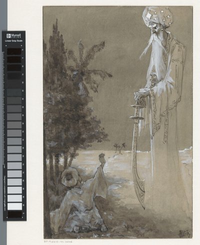 Wysoki mężczyzna z brodą spogląda na siedzącego chłopca autorstwa H.C. Louwerse (signed by artist)