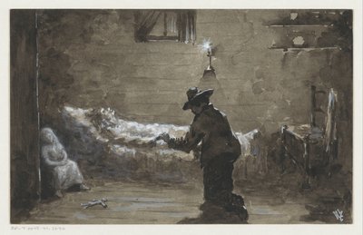 Mężczyzna klęka przy łóżku kobiety autorstwa H.C. Louwerse (signed by artist)