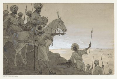 Wojownicy na koniach w pustynnym krajobrazie autorstwa H.C. Louwerse (signed by artist)