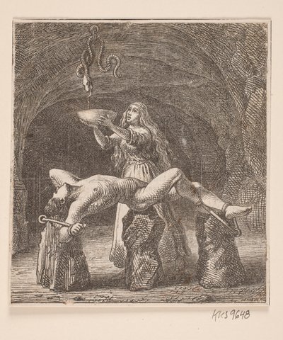 Sigyn trzyma miskę między wężem a Loki autorstwa H. C. Henneberg