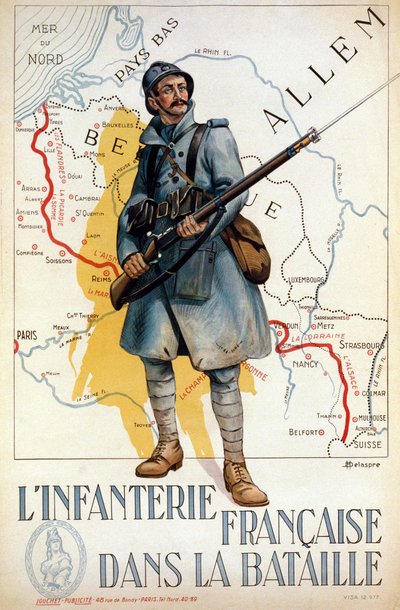 Piechota francuska w bitwie (czerwona linia reprezentuje linię Hindenburga) - il. przez H. Delaspre autorstwa H. Delaspre