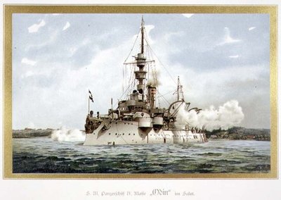ŚM Panzerschiff, IV Klasse, „Odyn” im Salut (okręt pancerny H.M., 4. klasa, „Odyn” w Salucie) 1899 (lito) autorstwa H. Graf