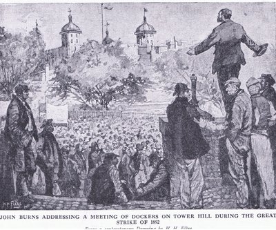 John Burns przemawiający na spotkaniu dokerów na Tower Hill podczas Wielkiego Strajku w 1892 roku, z książki Cassells History of the British People opublikowanej przez Waverley Book Company Limited, c.1940 autorstwa H. H. Flere