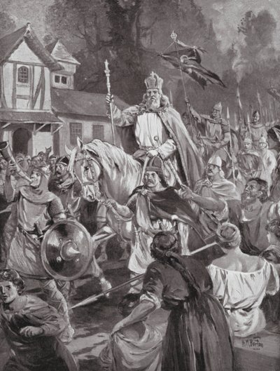 Karol Wielki wracający do Brukseli, swojej wiejskiej siedziby (litografia) autorstwa H. M. (after) Burton