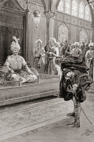Sir Anthony Shirley odwiedzający dwór Szacha Abbasa Wielkiego, Persja w 1599, z Historii Narodów Hutchinsona, wyd. 1915 autorstwa H. M. (after) Burton