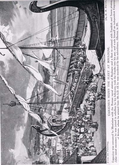Carausius przejmujący flotę w Boulogne, ilustracja z „Historia narodów Hutchinsona”, c.1910 autorstwa H. M. Burton