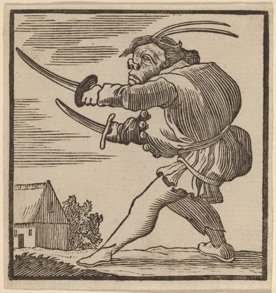 Garbus wymachujący dwoma mieczami autorstwa H. Numan after Jacques Callot