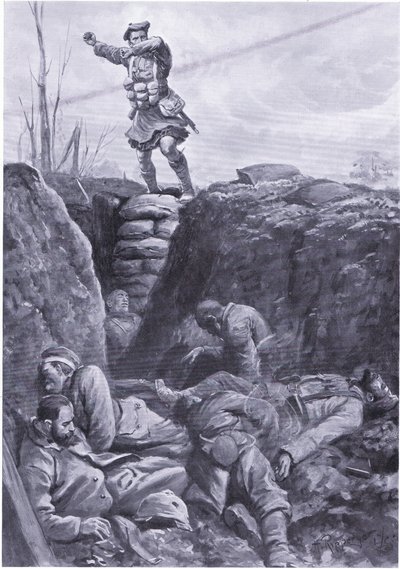 Szeregowy Brown (Gordon Highlander) bombarduje wroga w niemieckim okopie ze szczytu barykady. (lito) autorstwa H. Ripperger