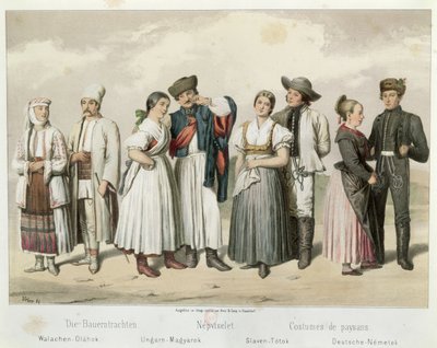 Stroje chłopów z (L do R) Rumunii, Węgier, Słowacji i Niemiec, z "Esquisses de la Vie Populaire en Hongroie" Gabriela de Pronay, 1855 r. autorstwa H. Veber