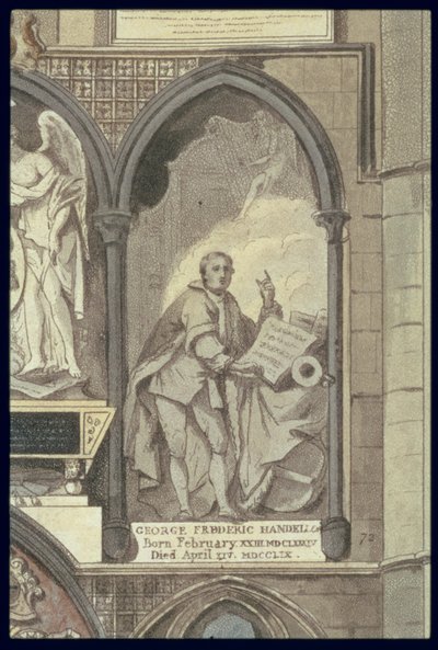 West Side of Poets Corner, tablica 25 z Opactwa Westminsterskiego, fragment Pomnika Pogrzebowego Jerzego Fryderyka Haendla 1685-1759, ryt. J. Bluck fl.1791-1831 wyd. autor: Rudolph Ackermann 1764-1834 1 autorstwa H. Villiers