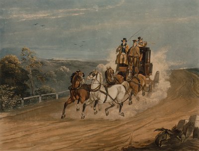 The Mail Coach behind Time (kolorowy grawerunek) autorstwa H. Walker