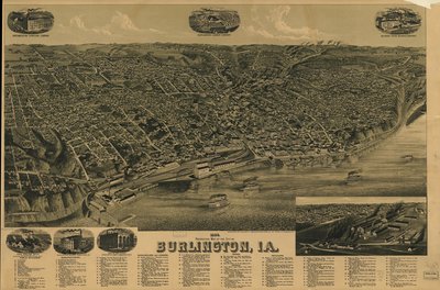 Perspektywiczna mapa miasta Burlington, Ia, z 1889 r. LOC 75693230 autorstwa H. Wellge