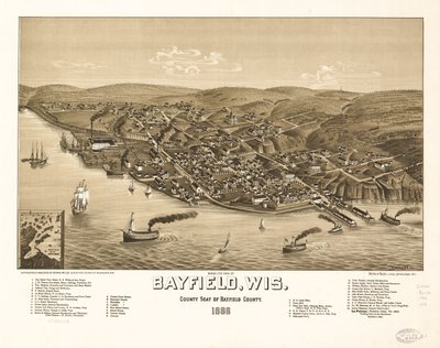 Widok z lotu ptaka na Bayfield, Wis., siedzibę hrabstwa Bayfield, 1886 r. LOC 75696703 autorstwa H. Wellge