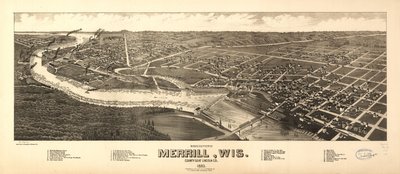 Widok z lotu ptaka na Merrill, Wis. siedziba hrabstwa Lincoln Co. 1883. LOC 75696715 autorstwa H. Wellge