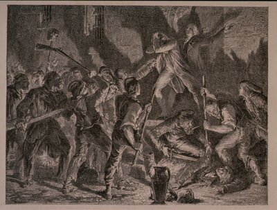 Masakra w więzieniach we wrześniu 1792 r., grafika autorstwa Jean-Baptiste Charles Carbonneau (ur. 1815) autorstwa H. de la Charlerie