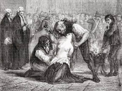 Tortura Madame de la Motte, grawerowane przez Meyer-Heine, z „Histoire de la Revolution Francaise” Louisa Blanca (1811-82) autorstwa H. de la Charlerie