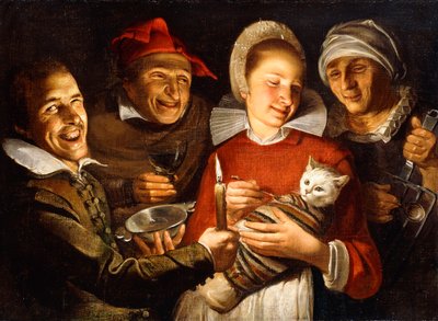 Przysłowie holenderskie - Kobieta karmiąca związanego kota w otoczeniu mężczyzn, autorstwa Haarlem School