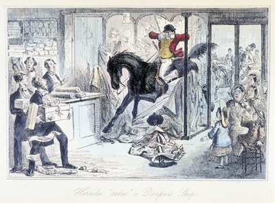 Łowca koni przypadkowo wszedł do sklepu z tkaninami. Angielska kreskówka o polowaniu pochodzi z „”przygód Thomasa Scotta lub Hawbucka Grange”” ilustracji autorstwa H.K. Browne i WT Maud. autorstwa Hablot Knight Browne