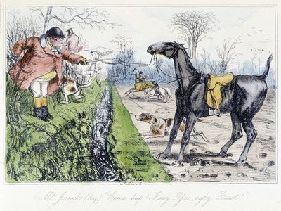 Scena polowania konnego. Angielska kreskówka o polowaniu na lisy z „”przygód Thomasa Scotta lub Hawbucka Grange”, ilustracja H.K. Browne i WT Maud. autorstwa Hablot Knight Browne