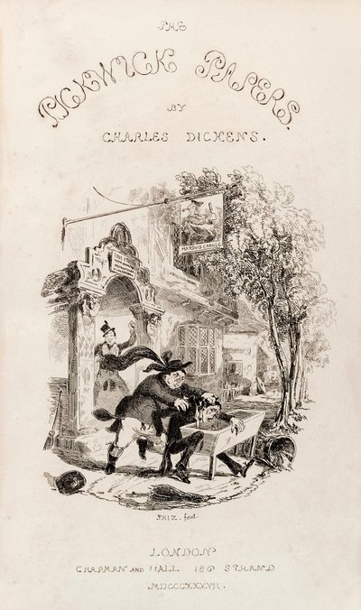 Strona tytułowa z „Dokumentów pośmiertnych klubu Pickwick”, wydanych w formie książkowej w 1837 r. autorstwa Hablot Knight Browne