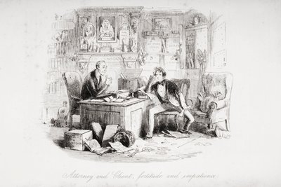 Adwokat i klient, hart ducha i niecierpliwość, ilustracja z „Ponurego domu” Charlesa Dickensa (1812-70) wydana w 1853 r. (lito) autorstwa Hablot Knight Browne