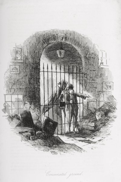 Konsekrowana ziemia, ilustracja z „Ponurego domu” Charlesa Dickensa (1812-70) opublikowana w 1853 r. autorstwa Hablot Knight Browne