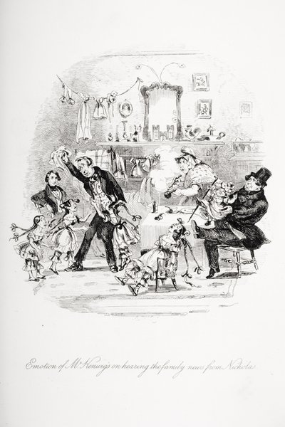 Wzruszenie pana Kenwigsa po usłyszeniu rodzinnych wieści od Mikołaja, ilustracja z „Nicholas Nickleby” autorstwa Charlesa Dickensa (1812-70) opublikowana w 1839 r. (patrz także 259138) autorstwa Hablot Knight Browne