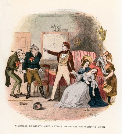 Ilustracja do Mikołaja Nickleby autorstwa Hablot Knight Browne